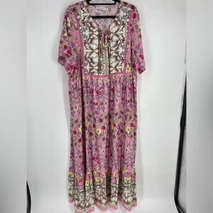 Rusttydustty Plus Size 3XL Pink Floral Tiered Maxi Dress Boho Spring Easter